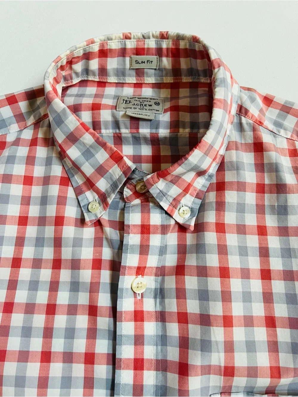 J. Crew Men’s Medium Red Grey Plaid Slim Fit Long Sleeve Button Down Shirt